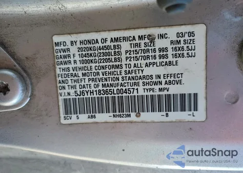 2005 Honda Element Lx z USA, uszkodzony, nr VIN 5J6YH18365L004571